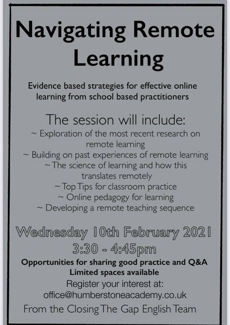 Remote Learning free CPL session drawing on evidence and online pedagogy from some amazing school based practitioners
Come and join us! All welcome 
 #CPD #remotelearning