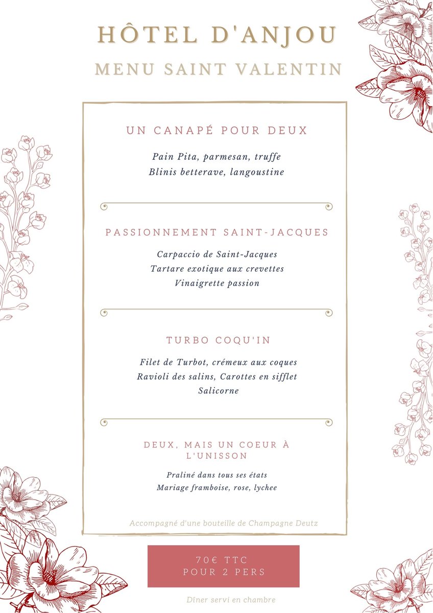 Une moment rien que pour nous deux, en amoureux, dans notre bulle, OUI JE LE VEUX !

On vous réserve votre nuit, petit-déjeuner, dîner au Champagne dans une chambre Prestige le 12, 13 ou le 14 février 

Informations réservations 
au 02 41 211 211  ou info@hoteldanjou.fr
