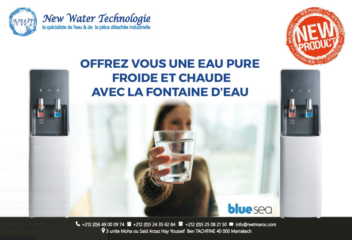 HWGmaroc's tweet photo. New Water Technologie vous présente #Les_nouvelles_fontaines_a_eau.
#BLUE_SEA
#REGEN+#PURITI #Atlas_filtri #filmtec #fleck #blue_lagoon #eurotech #canature #seko #idrosal #aukmuller #puricom #dow #veolia #HM_digital
#Pruduits_de_traitement_d'eau
#de_haute_gamme https://t.co/Qn1QvevghB
