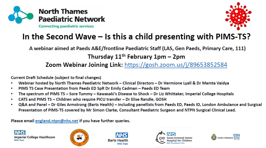 NENC_CHDN's tweet photo. 📢 Calling all paediatric A&amp;E and frontline staff 📢

North Thames Paediatric Network are hosting a webinar on Thursday 11th February 1-2pm

In the Second Wave – Is this a child presenting with PIMS-TS?

Join them 👉 https://t.co/uQYwardTMB 

See leaflet for more information 💙 https://t.co/YbRgwbrsvP