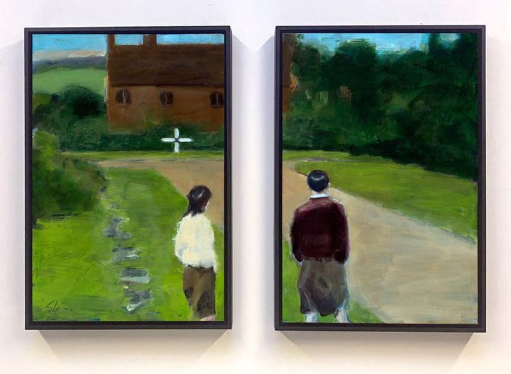 davidcstorey's tweet photo. ‘Crossroads’ *diptych, 2 canvases, each 60x40cm, oil & mixed media on canvas. *diptych have been in existence for 100s of years and were original painted as altarpieces on 2 hinged wooden panels, closing like a book. #memory #family #figurativeart #dreaming #exploringmemory https://t.co/lHcyJUjwud
