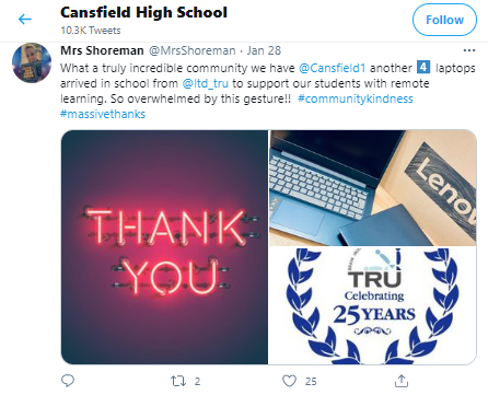 In a year that's proved difficult for us to connect with the local community as we normally would, we are so pleased to be able to donate some new laptops to Cansfield High School students for home-schooling. #communitymatters #kindess <a href="/Cansfield1/">Cansfield High School</a>