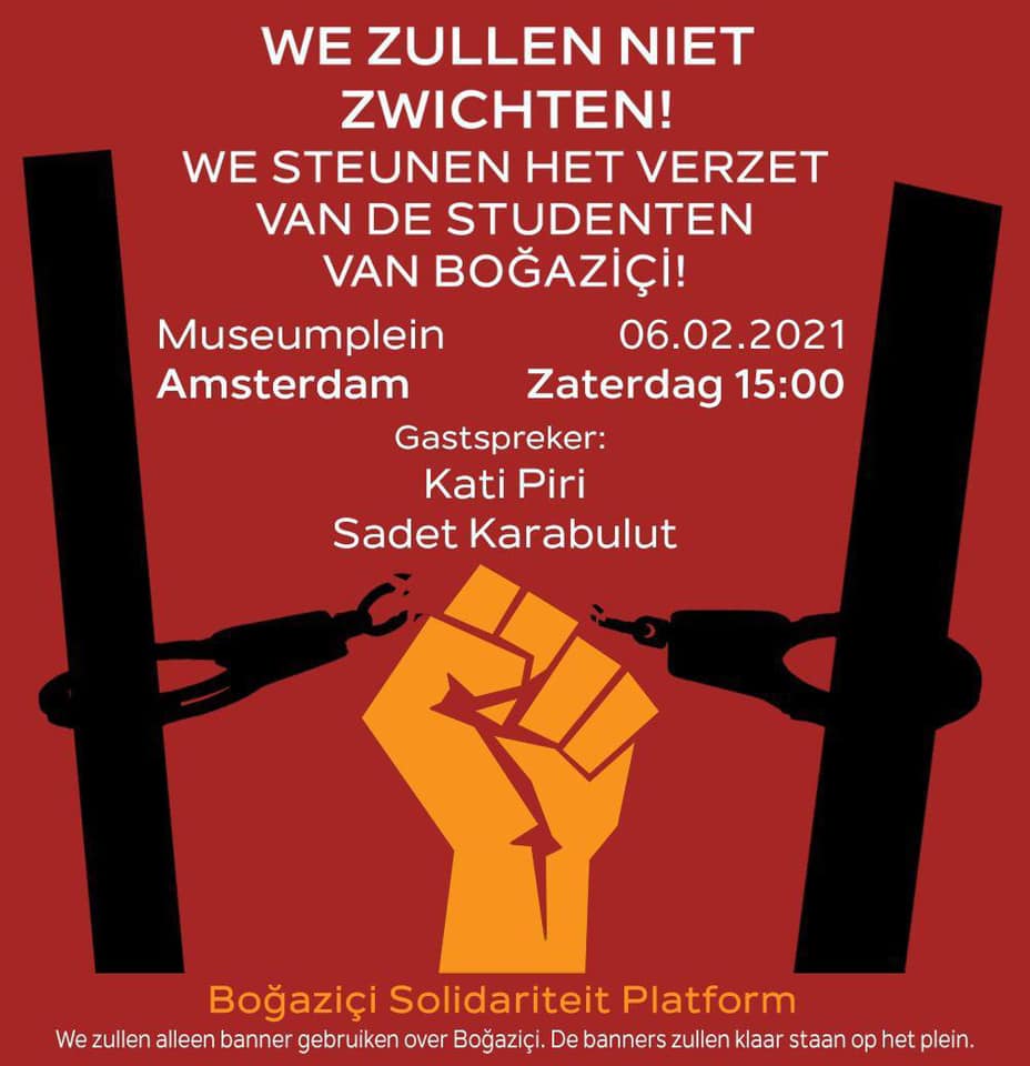 jefroudi's tweet photo. Tomorrow #Amsterdam in solidarity with #Bogazici students, professors and workers for a democratic university. Organized by more than 10 organizations and supported by Dutch Parliamentarian @SadetKarabulut and Member of European Parliament  @KatiPiri 
@BogaziciNl @boundayanisma https://t.co/l7MgSRnMS3