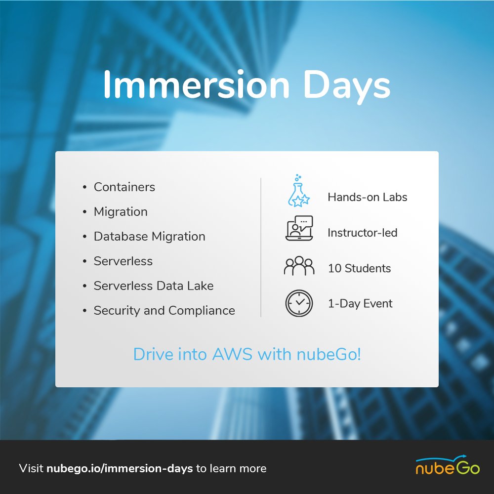 Dive into AWS with nubeGo! We're launching AWS Immersion Days. Pick the topic and choose the date that best fits your team and we'll do the rest! 

Reserve your session here: nubego.io/immersion-days 

#training #cloud #aws #amazonwebservices  #immersiondays #nubeGo