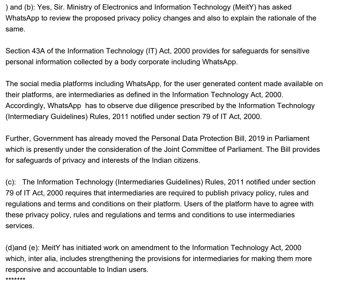 Tejasvi_Surya's tweet photo. To my Q in Parliament on measures taken to address privacy concerns due to WhatsApp policy changes, Govt said it has sought rationale behind change

Glad to note Govt is also reviewing IT Act 2000 to make WhatsApp, FB, Twitter, other intermediaries more accountable to Indian laws https://t.co/GexYot8pEd