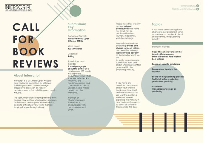 interscriptUCL's tweet photo. 📝Which #books have you read, and will be reviewing for a chance to be #published? Here is some #inspo!

📚#InsideBookPublishing- Giles Clark &amp; @angusph 

📚#MaxPerkinsEditorofGenius- A Scott Berg

📚#ThePublishingBusiness- Kelvin Smith &amp; @ILoveCopyright 

Look⬇️on how to apply! https://t.co/Zq8DP0GSaA