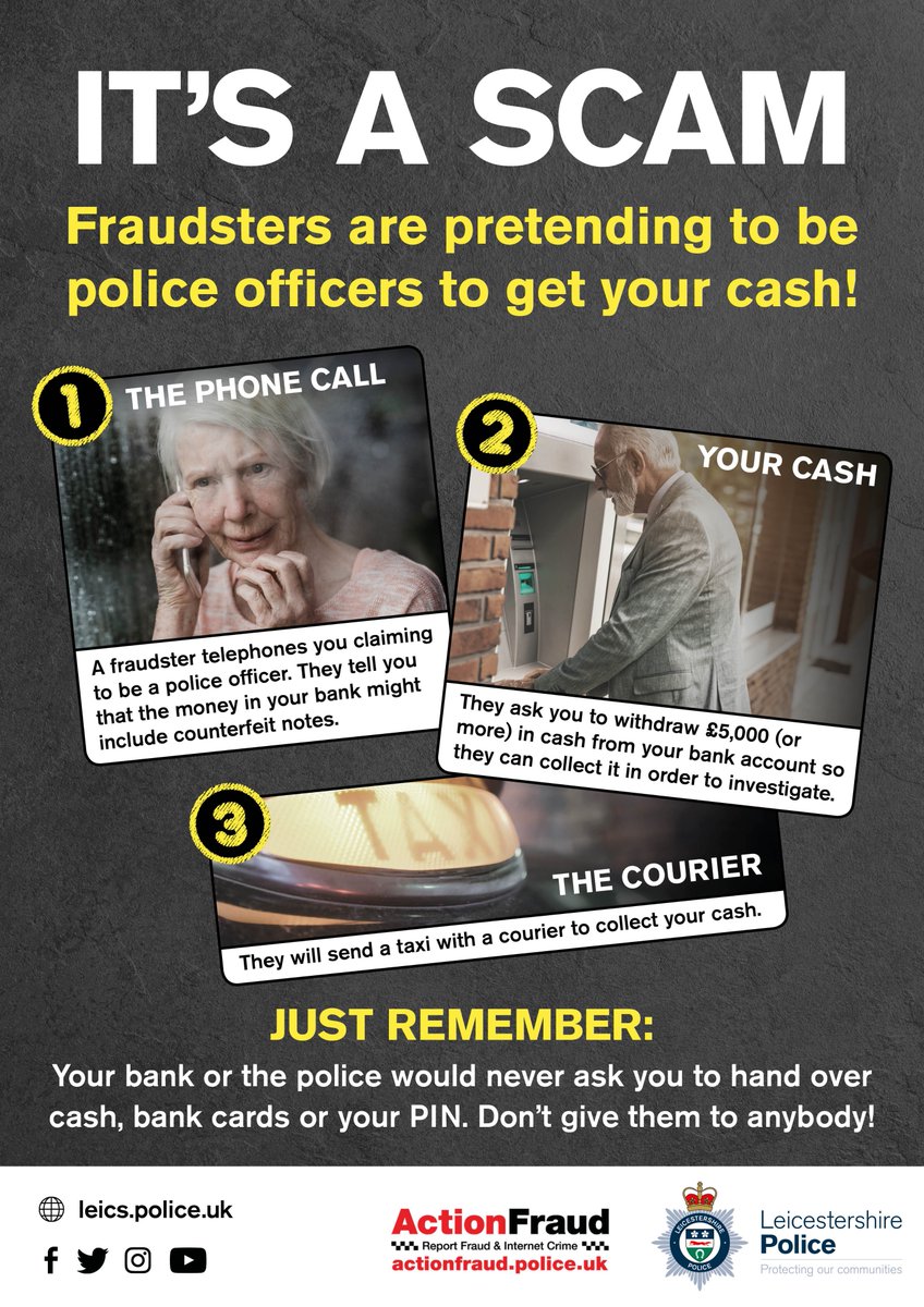 **Beware of Courier Fraud**

Please share this amongst the local community, particularly with any elderly family members, neighbours, friends & anyone who may not use the internet.

Find out more and report ➡️ actionfraud.police.uk/a-z-of-fraud/c…