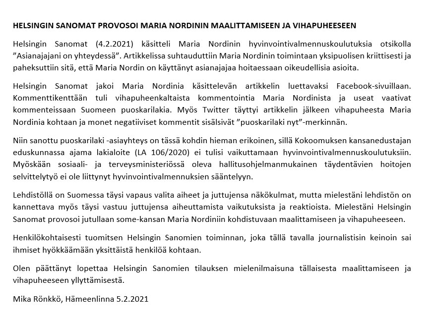 MikaelRonkko's tweet photo. Helsingin Sanomat provosoi maalittamiseen ja vihapuheeseen. Lehdistöllä on Suomessa täysi vapaus valita aiheet ja juttujensa näkökulmat. Nyt meni mielestäni ali riman ja yli oman ymmärrykseni vastuullisesta journalismista. @hsfi #mielenilmaus #hyvinsanottu -hanke https://t.co/b0G6J8sdgJ
