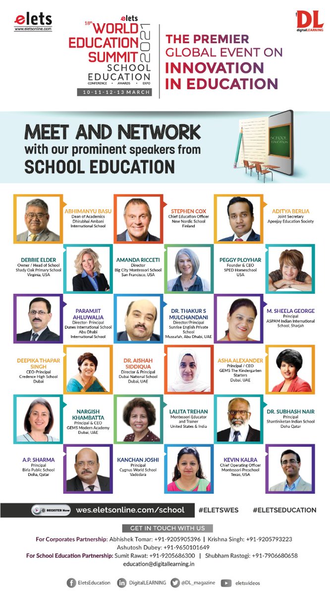 dl_magazine's tweet photo. Golden opportunity to listen and network with prominent leaders from School Education from every part of the globe at The Premier Global Event on Innovation in Education- 18th World Education Summit &amp; Awards 2021 to be held from 10th to 13th March
https://t.co/wgWDoJfLln
#WES2021 https://t.co/ewGnCSUAIr