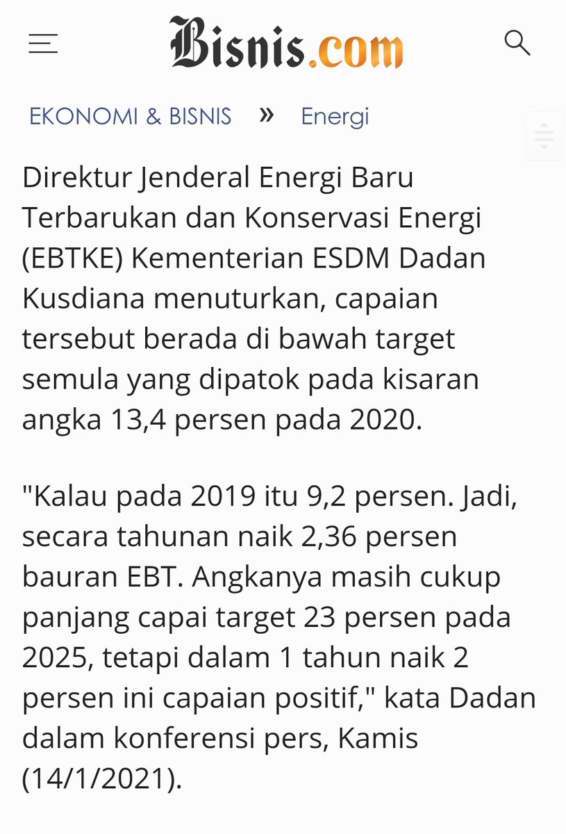 Sekarang masih 11,51% mas https://m.bisnis.com/ekonomi-bisnis/read/20210115/44/1343449/bauran-ebt-mencapai-1151-persen-masih-di-bawah-target https://twitter.com/oidHimawan/status/1357645364854026241?s=19