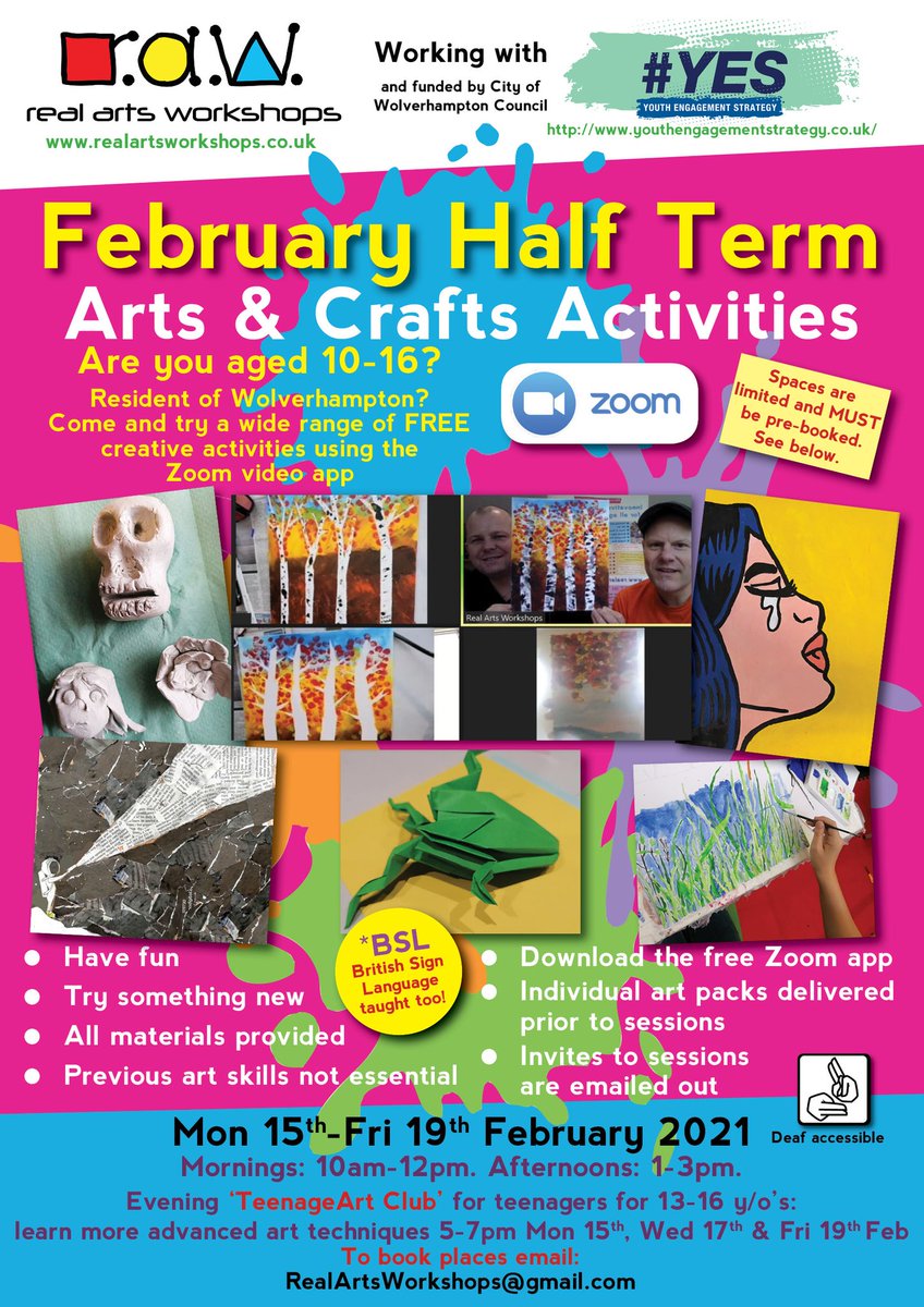RealArtsWork's tweet image. We are delighted to be able to offer a week of free virtual art activities to young people aged 10-16 in Wolverhampton over #FebHalfTerm! Thanks to @WolvesCouncil's #WVVirtualSquad 

Places are limited, please book now! (See poster for details).
@WvCep
@wvlhc
@ashmoreparkhub