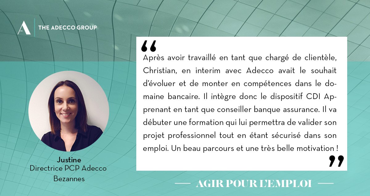 #AGIRPOURLEMPLOI au quotidien. Telle est notre mission. Justine, Directrice d'agence PCP <a href="/AdeccoFrance/">Adecco France</a> a accompagné Christian dans sa reconversion en mettant en place une formation de conseiller bancaire grâce au CDI Apprenant. Découvrez leur duo et son témoignage 👇