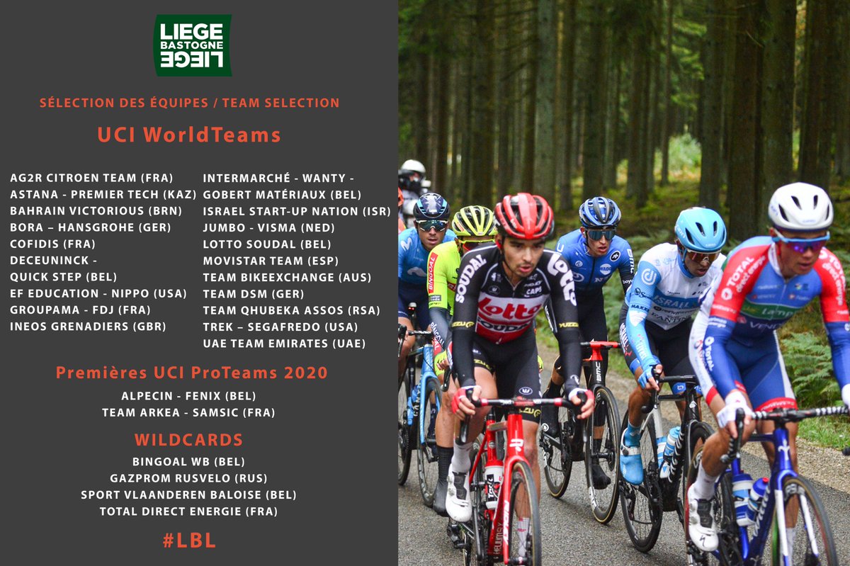 🚴‍♂️ Sélection des équipes #LBL / Team selection 🚴‍♂️

🌍 19 UCI WorldTeams

Les 2⃣ premières UCI ProTeam 2020 / The 2 first UCI ProTeams in 2020: @AlpecinFenix 🇧🇪, @Arkea_Samsic 🇫🇷.

4⃣ wildcards : @CTBingoalWB 🇧🇪, <a href="/RusveloTeam/">Professional Cycling Team</a> 🇷🇺, @TeamSVB 🇧🇪, <a href="/TDE_ProCycling/">TeamTotalEnrg</a> 🇫🇷.