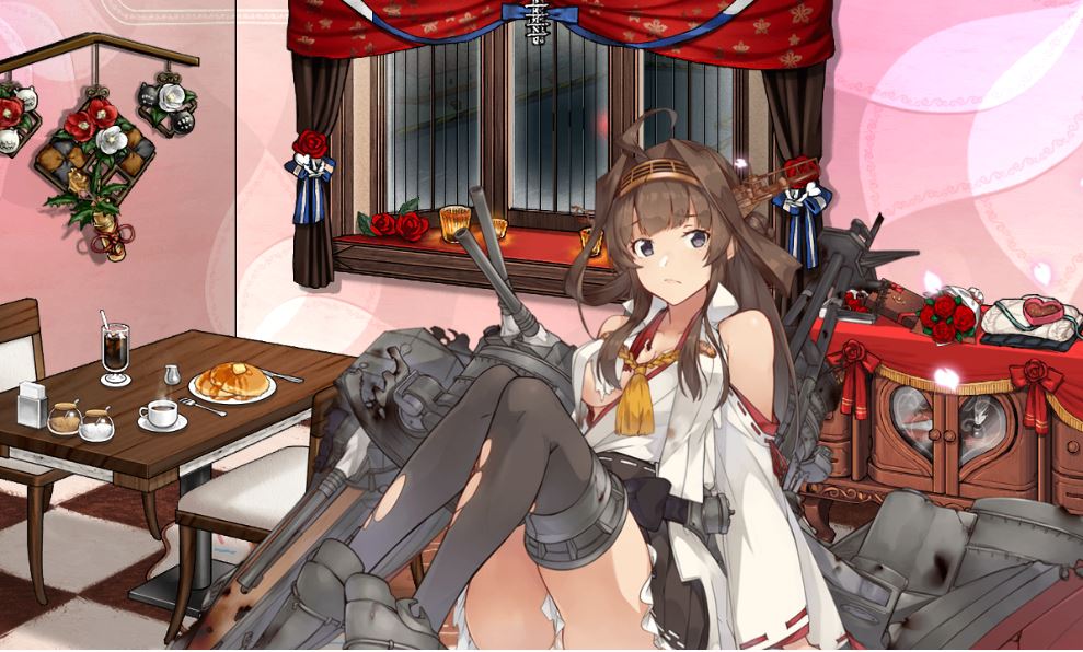 バレンタイン家具に更新～。特注チェストがよく見えないから中破になってもらったけど、戦艦だとこのタイプなのかな?しかし何度見ても改二丙の中破は落ち着かん…ぱんつ… 