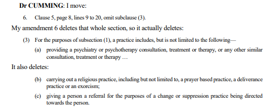 Amendment pest Dr Cumming proposes this amendment and agrees with Attorney General that it will not affect the operation of the bill (the clause is for illustration purposes), so why propose amendments that do not affect operation if you are going to oppose the bill? TIME WASTER!