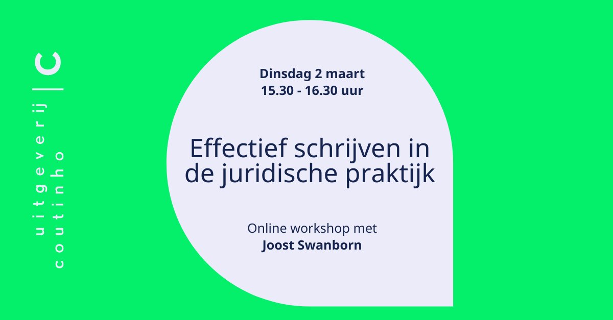 Op 2 maart geeft <a href="/Taaldokter/">Taaldokter</a> en auteur Joost Swanborn het webinar Effectief schrijven in de juridische praktijk. Met voorbeelden, hulpmiddelen, oefeningen en werkvormen voor de eigen lespraktijk. Reserveer je plek, we zien je graag online! bit.ly/3txvDEi