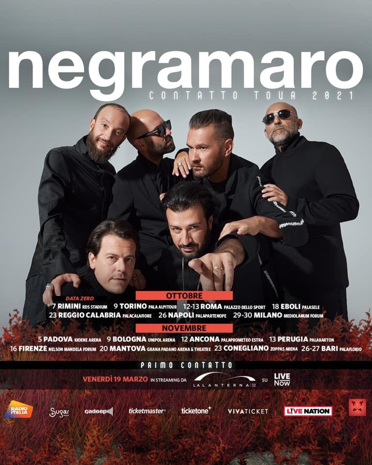 I <a href="/Negramaro/">negramaro</a> tornano in tour in tutta Italia questo autunno con #ContattoTour2021: 15 città per 18 concerti e #PrimoContatto un'anteprima in live streaming il 19 marzo sulla piattaforma LIVENow.
___

<a href="/LiveNationIT/">Live Nation Italia</a>