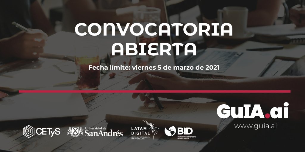 📢 ¡Convocatoria abierta! #GuiaAI
Invitamos a enviar sus propuestas de artículos para la 2da edición de Guia.ai: Inteligencia Artificial en América Latina y el Caribe, organizado junto a <a href="/cetysedu/">CETyS</a> y la plataforma fAIr LAC de <a href="/el_BID/">Banco Interamericano de Desarrollo</a>
👉🏽 bit.ly/2021Guia