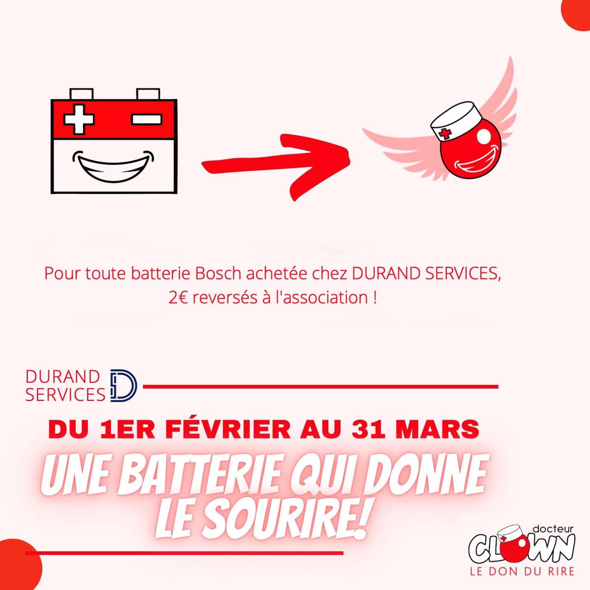 C'est grâce à nos partenaires que nous arrivons à continuez de faire sourire les enfants hospitalisés ! Immense merci à DURAND SERVICES pour l'opération en cours, une batterie BOSCH achetée chez eux, 2€ reversés à notre association ! 
Il est temps de faire le plein d'énergie !