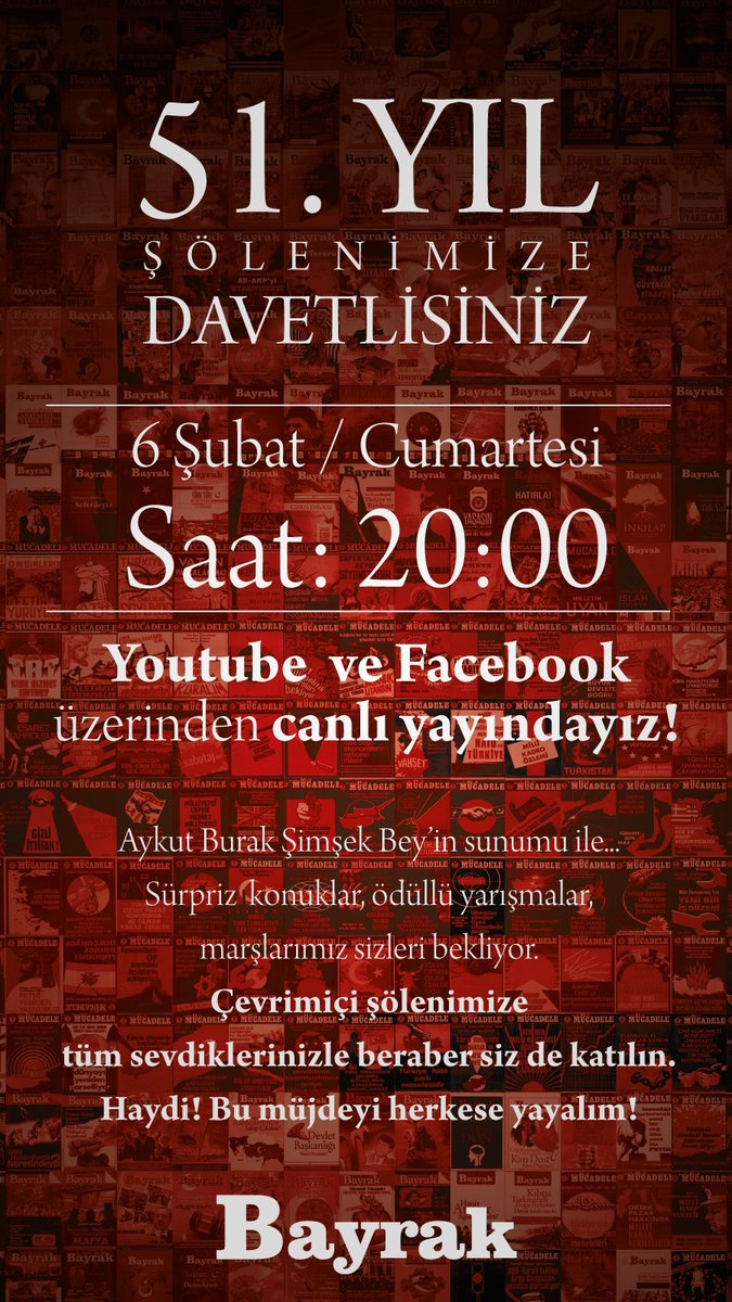 Bayrak 51. Yılını Kutluyor! 
6 Şubat 2021 Cumartesi günü saat 20.00'de Facebook ve YouTube sayfalarımızda canlı yayındayız.
Tüm sevdiklerinizle beraber siz de katılın.