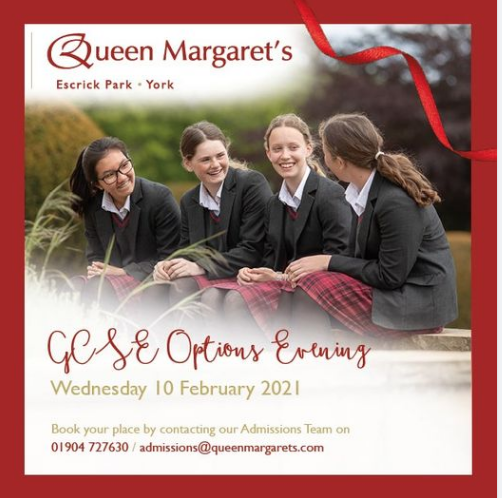 QueenMargarets's tweet photo. Join us for our GCSE Options Evening on Wednesday 10 February. Watch a virtual live stream from our Head and book an appointment to discuss your daughter's requirements. Call 01904 727630 or email admissions@queenmargarets.com to book.
#TheQMExperience #Learning #GCSEOptions https://t.co/awhAVcq01A