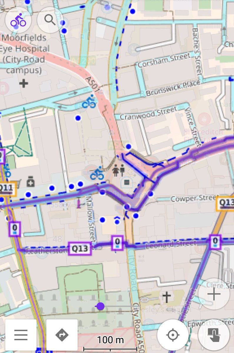 MacLondon's tweet image. Screenshots from my phone of #OsmAnd set up to use #CyclOSM as a background map + with the Waymarked Trails route lines as an overlay. @ramthelinefeed