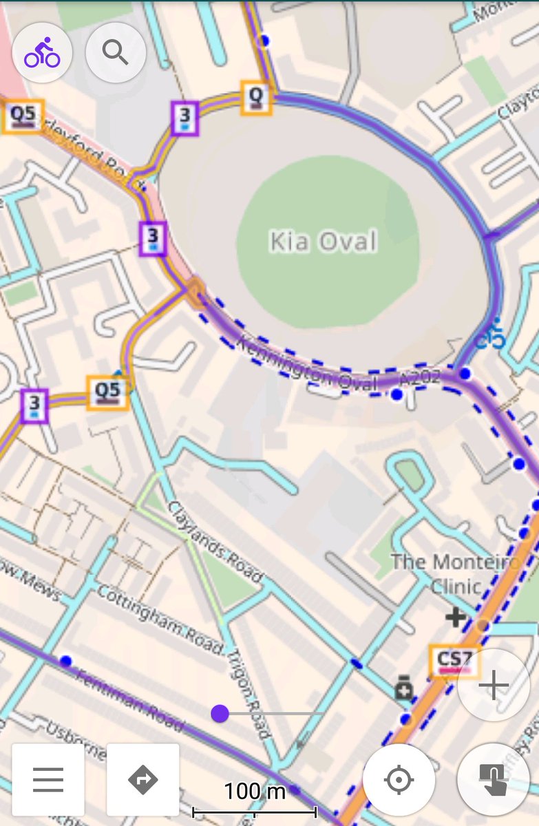 MacLondon's tweet image. Screenshots from my phone of #OsmAnd set up to use #CyclOSM as a background map + with the Waymarked Trails route lines as an overlay. @ramthelinefeed