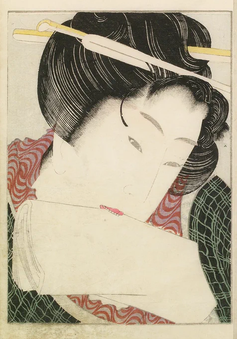 葛飾北斎の有名な海女と蛸の春画と同じ艶本に掲載されているこの絵は冒頭に大きな女性の顔の絵。口には始末紙を咥えており何かを見つめている。本の最後には大開絵(おおつびえ)と呼ばれる性器のクローズアップがあり、彼女の見つめる先に事後の萎えた陰茎があることがわかる。膣には紙を詰めている。 