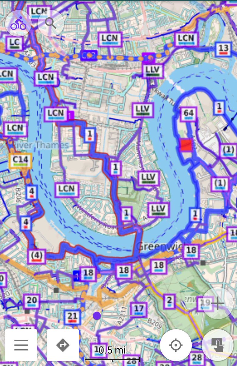 MacLondon's tweet image. Screenshots from my phone of #OsmAnd set up to use #CyclOSM as a background map + with the Waymarked Trails route lines as an overlay. @ramthelinefeed