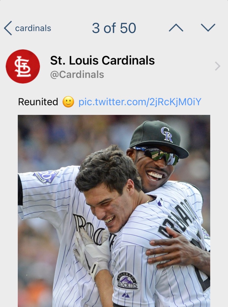 Claire_Kellett's tweet photo. Oops! Hey @Cardinals might wanna take down this picture. With @DexterFowler trade to @Angels it doesn’t hold true anymore. @KMOV #cardinalsbaseball #dexterfowler #nolanarenado https://t.co/ia6pNCr3xR