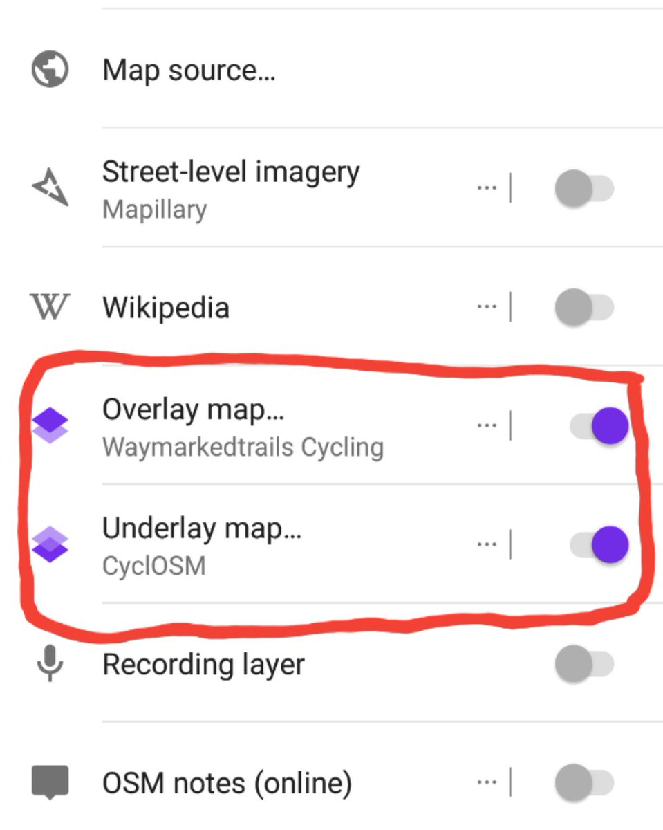 MacLondon's tweet image. Screenshots from my phone of #OsmAnd set up to use #CyclOSM as a background map + with the Waymarked Trails route lines as an overlay. @ramthelinefeed