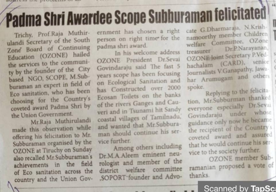 SwachhTrichy's tweet photo. OZONE  Facilitated Thiru M.Subburaman from #trichy for getting the highest civilian award of  #PadmaShri 2021 for his Social services in the function organised by our #Savai Dr.K Govindaraju Chairman #OZONE on 31.1 21 News in Southern Mail - M.A.Aleem  #Trichy #Tamilnadu #India https://t.co/6pqbS93No5
