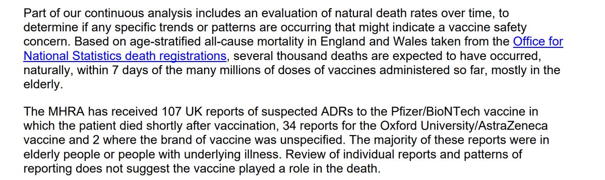 Similarly for subsequent death, it is noted that given the cohort being vaccinated, we might naturally expect several thousand deaths in the 7 days following the jab, and following up the individual reports gives no cause for concern. 3/5
