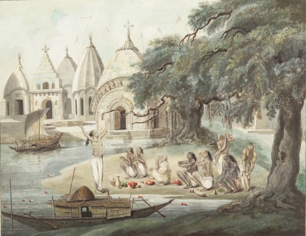 AsceticSadhu at TempleCompany School painting, 1800'smendicants? via  http://columbia.edu it seems some ritual being performed, i hope not at time of death? in backdrop temples are depicted, similar to Terracotta temple Bishnupur? not sure may be other place, river front