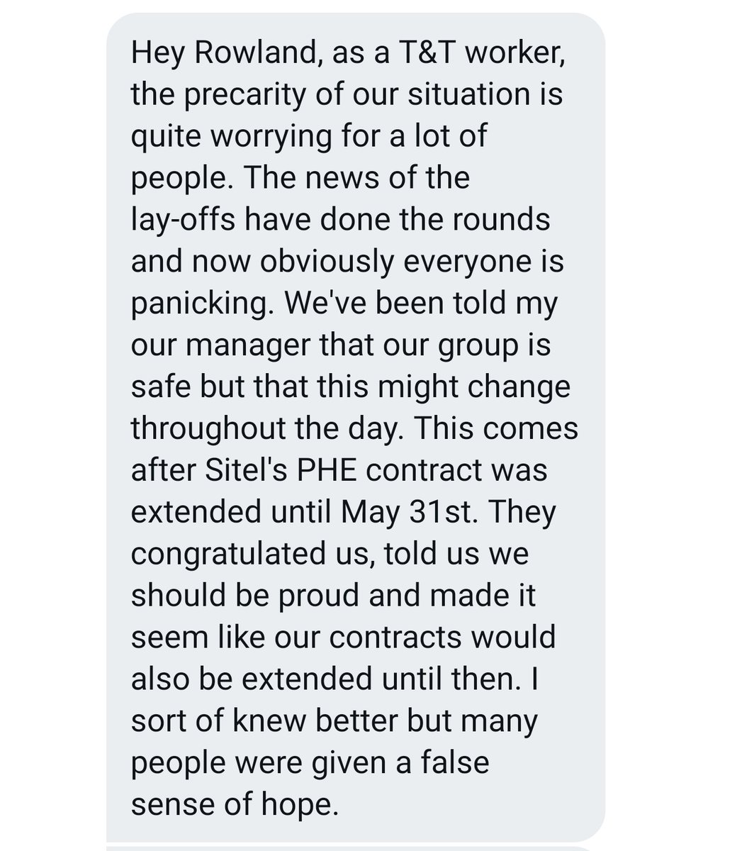 A message from a contact tracer, reposted with permission. I understand that Sitel's contract with T&T was extended to 31 May in mid-January. Then, yesterday, managers were called into an "emergency meeting"....If anyone else wants to get in touch, my DMs are always open
