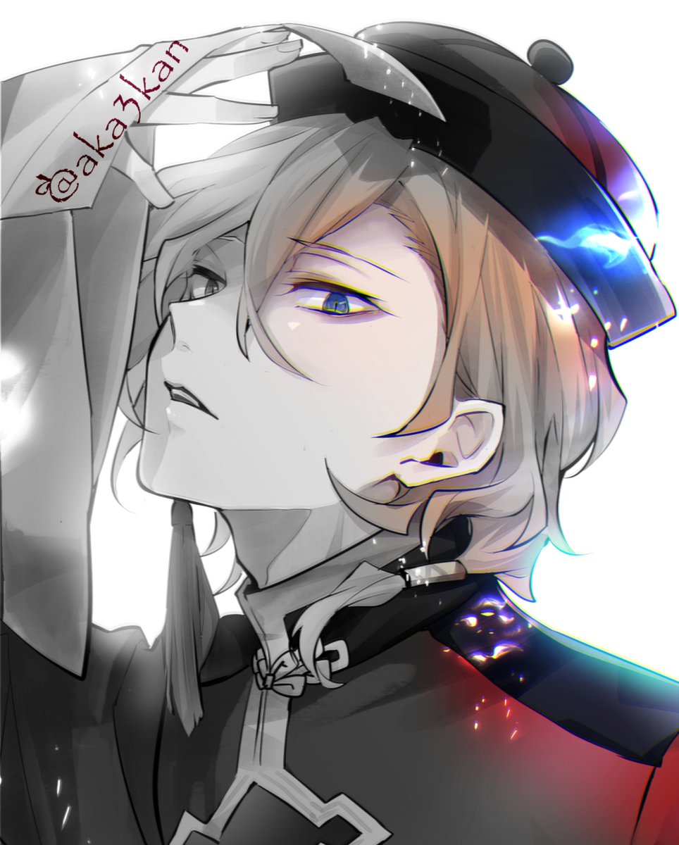 1boy male focus solo hat blue eyes looking at viewer ofuda  illustration images