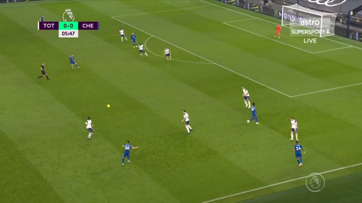 few minutes after we see Mount once again identifies the space and drops deep. Werner and Callum make darts in behind. this time, Werner's run gives Mount less attention cause the spurs defence is now aware of Werner after his early effort running in behind. Azpi finds him now