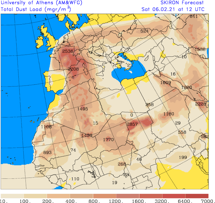 Sous un flux de Sud-Ouest marqué et plutôt #doux, les pluies s'annoncent chargées de #sable demain sur une grande partie de la #France, un phénomène assez peu fréquent en période hivernale. 
Carte via forecast.uoa.gr