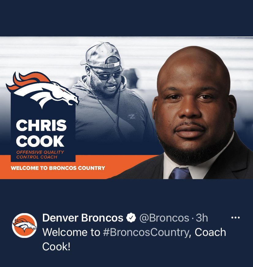 Mandisacook's tweet photo. It’s a new Chapter for the “COOK’s” We are moving to Denver, Co to join the coaching staff of the Denver Broncos 🧡🏈💙 Habakkuk 2:2 the LORD answered me, and said, Write the vision, and make it plain upon tables, that he may run that readeth it. @Coach_ChrisCook https://t.co/akSXAh4zWT