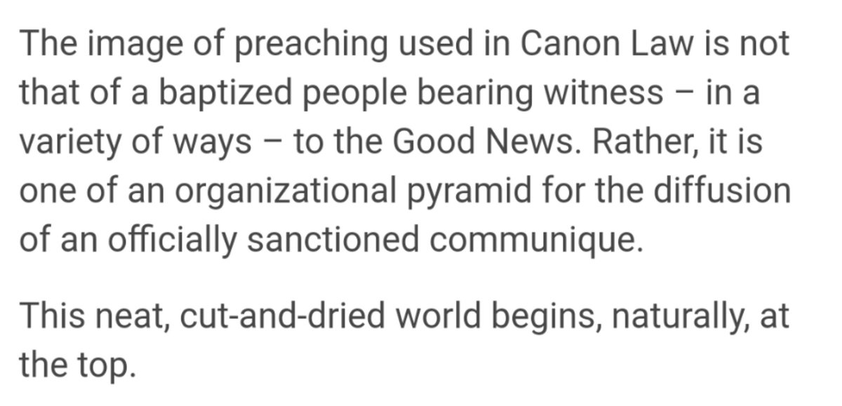 (2/7) Second, apparently the ecclesiology in Canon Law that prevents lay preaching at Mass needs to be looked at "in the light of" Vatican II.Would that be the same Council that went into great detail about the essential hierarchical nature of the Church (see LG 18-29)?