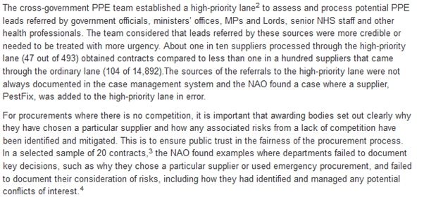 Government has already faced criticism regarding its issuing of contracts from the National Audit Office, who in Nov published a report highlighting a lack of adequate documentation around awards, specifically regarding potential conflicts of interest: https://www.nao.org.uk/press-release/investigation-into-government-procurement-during-the-covid-19-pandemic/