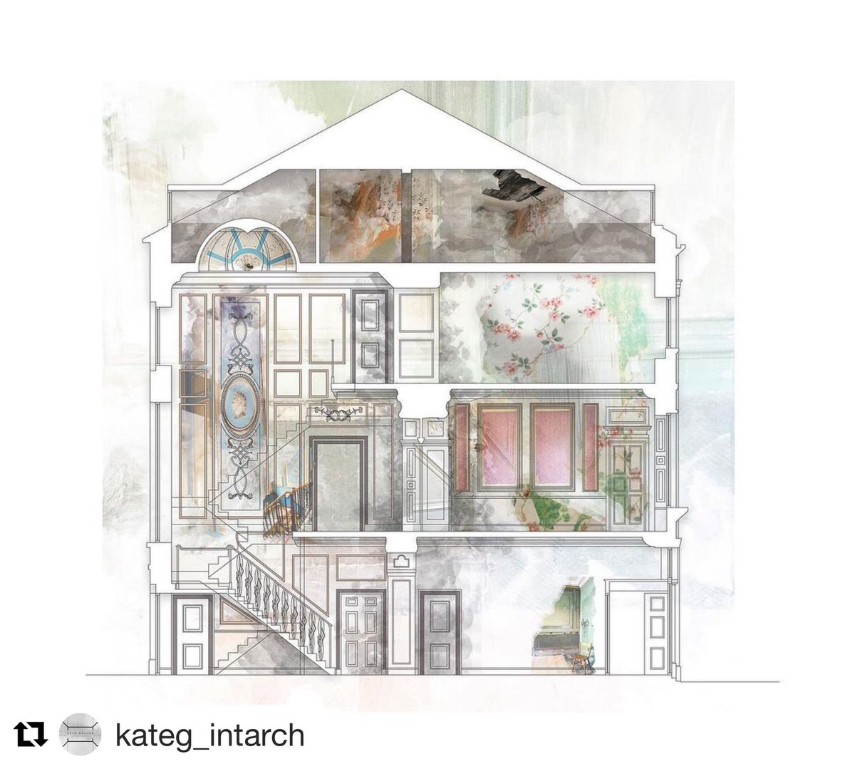 Initial site observation collage in section by Y3 Kate Graham. Capturing existing conditions of the ‘Assembly House’ on Westgate Road, Newcastle. #interiorarchitecture #adaptivereuse