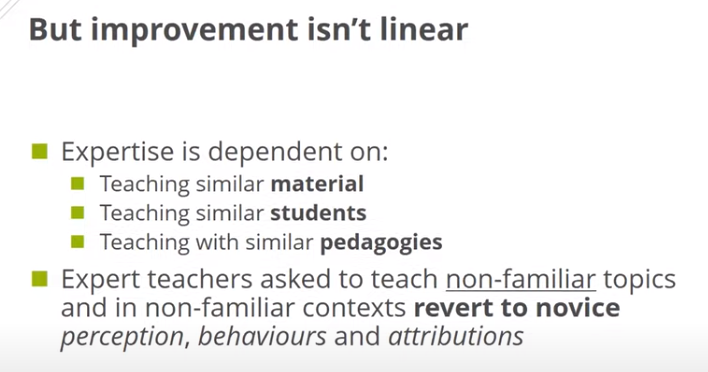 A few additional reflections. Firstly we from e.g. Hogan (2003) that teachers behaviours as experts can revert to behaviours as novices (i.e. reducing automaticity) when they are asked to teach in unfamiliar contexts, teach unfamiliar material and in unfamiliar ways.