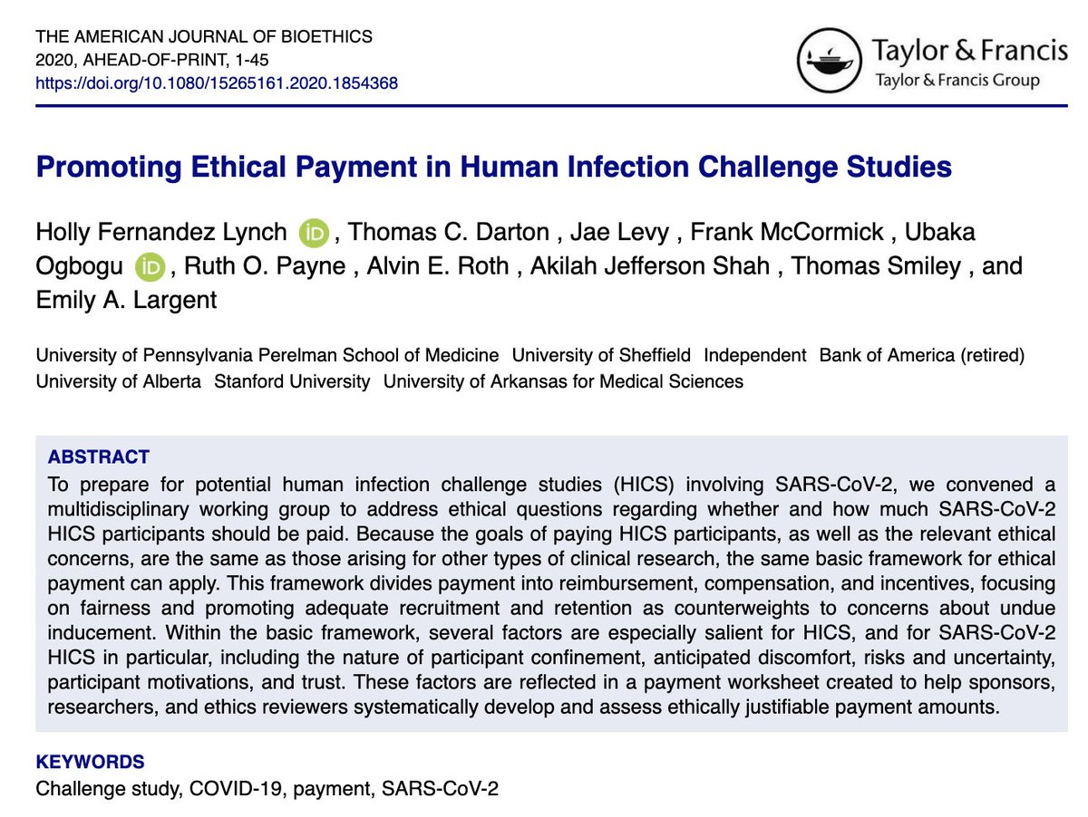 Very excited that our paper on promoting ethical payment in human infection challenge studies is out today, open access, in the American Journal of Bioethics  @bioethics_net  https://www.tandfonline.com/doi/full/10.1080/15265161.2020.1854368?src=