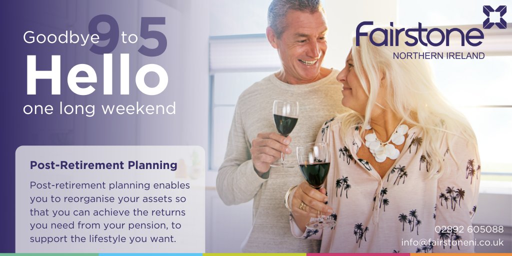 Your #retirement should be one of the most rewarding times of your life. We make it our job to understand all the things that are important to you, help review your assets and ultimately ensure you enjoy a worry free retirement.

Learn more: fairstoneni.co.uk/how-we-can-hel…

#NI #pension