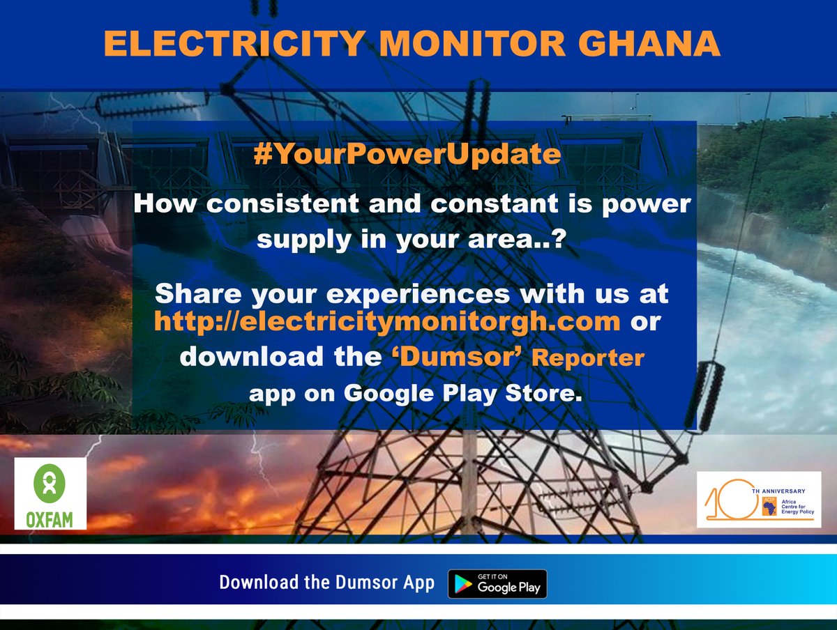 AcepPower's tweet photo. #YourPowerUpdate
How #consistent & #constant is #powersupply in your area?
Share your experiences with us at https://t.co/2nGzPrzKPQ or download the #DumsorReporter app on Google Play Store.
#stayinformed #energy
@oxfaminghana @ECGghOfficial @energy_min @vraghana @Hewlett_Found https://t.co/qAOxDObFau