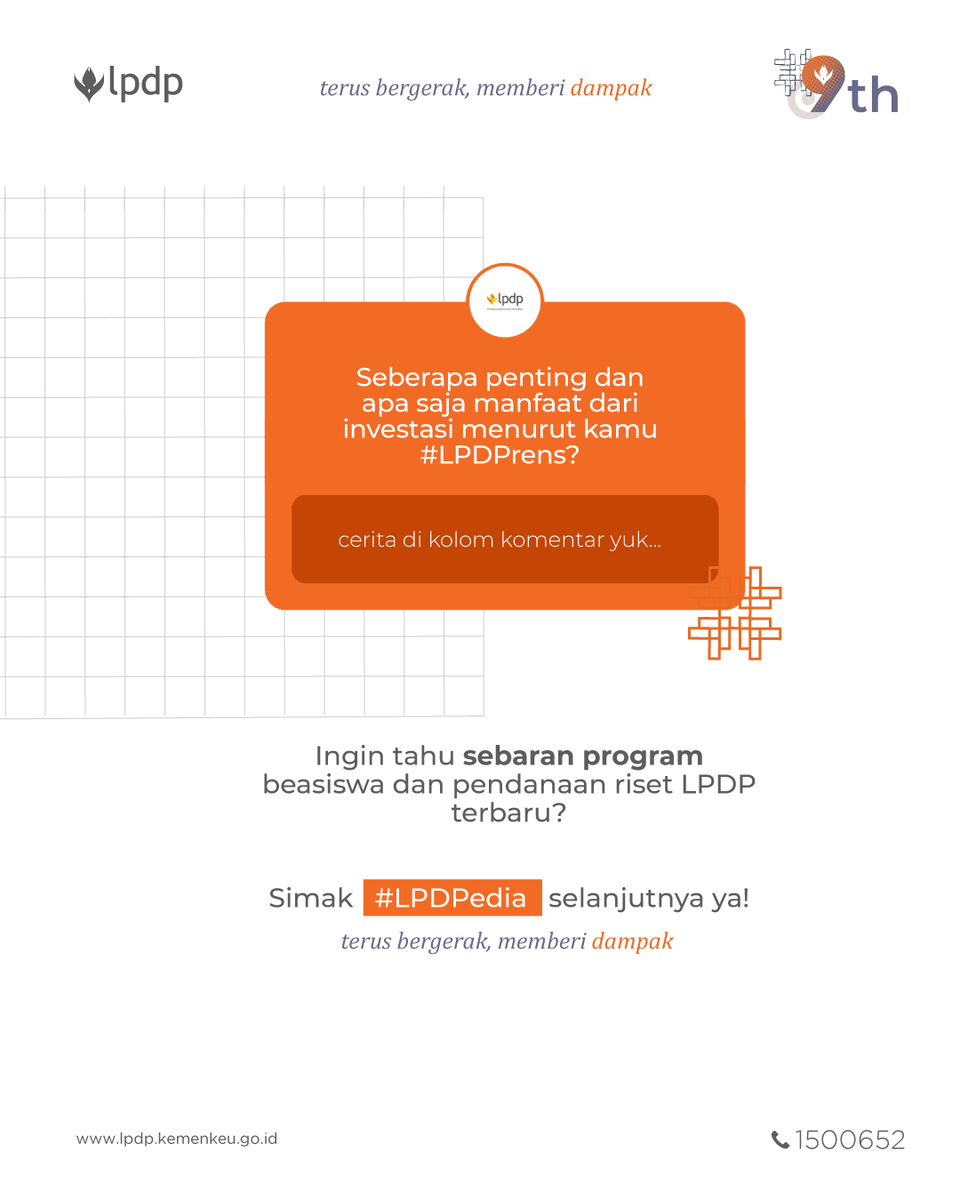 LPDP_RI's tweet photo. Menurut Kamu, seberapa penting dan apa saja manfaat dari investasi #LPDPrens? yuk bagi ceritamu!
Nantikan info menarik dalam sesi #LPDPedia berikutnya yaa..
#Diriuntuknegeri #9tahunLPDP #TerusBergerakMemberiDampak https://t.co/yWDfQD4c6c