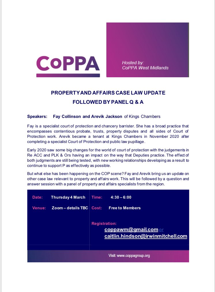 Thanks to all who attended last night! If you enjoyed it then why not sign up for our next event, a #propertyandaffairs case law update on 4 March with <a href="/CollinsonFay/">Fay Collinson</a> and Arevik Jackson from <a href="/KingsCOPTeam/">Kings Chambers Court of Protection Team</a> #courtofprotection #knowledgeshare #networking