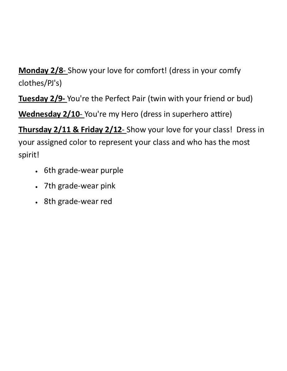Next week at General Sherman will be our Valentine's Day themed spirit week!  The themes for each day are as follows: