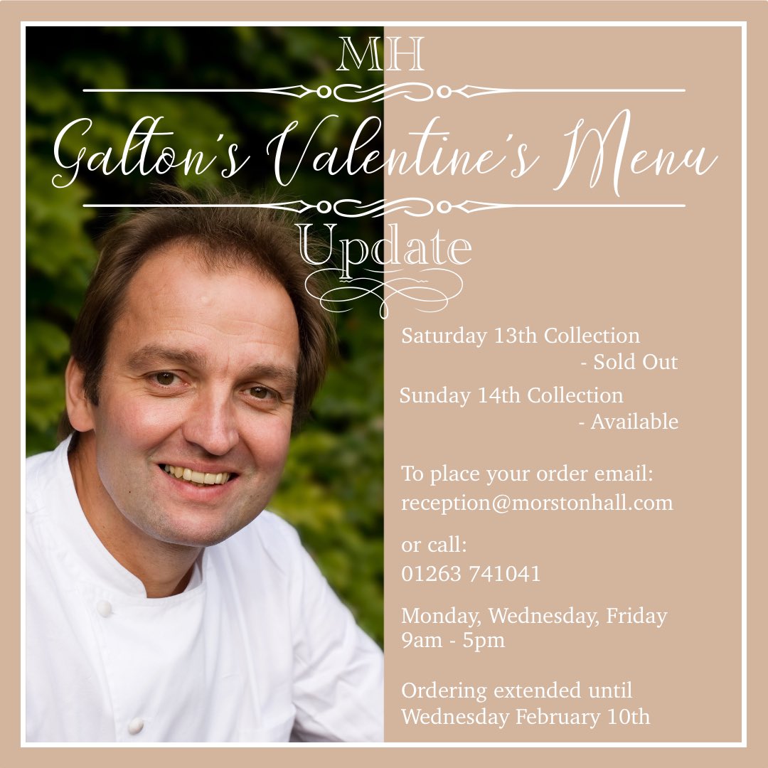 Only Sunday collections now left for @ChefGalton Valentine’s menu. Ordering extended until February 10th. Order now to avoid disappointment. #valentines #ValentinesDay #northnorfolk #michelinStar
